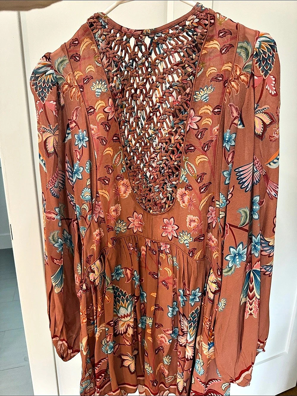 Mocha Boho Enhance Lace Long Sleeve Mini Dress - Picture 2 of 7